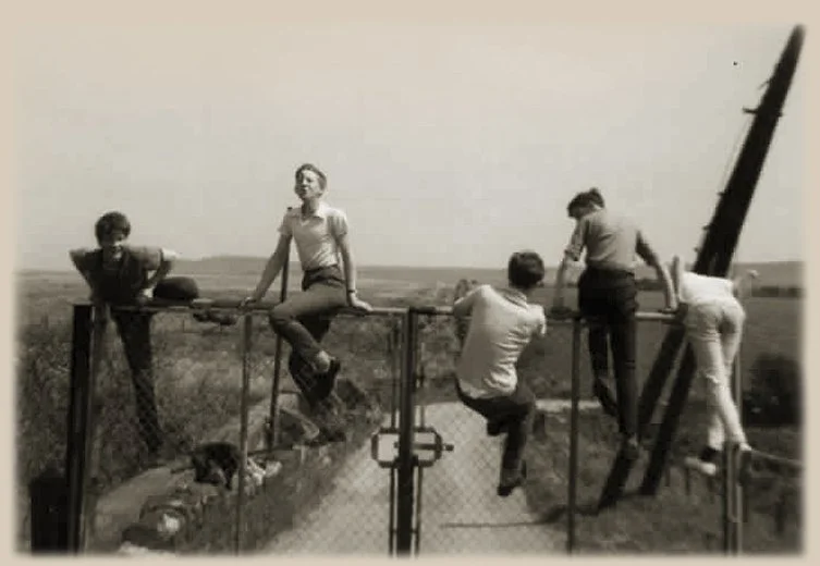 Five children and a dog on top of a fence near Walkmill Colliery, with fields in the background.