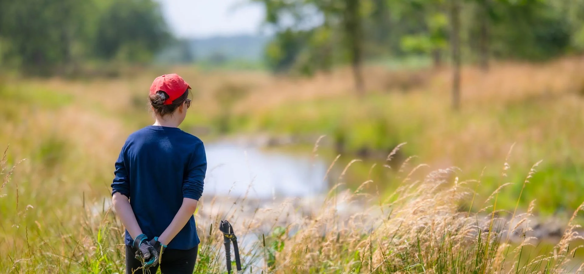 A person with a red cap, blue long-sleeve shirt, and black gloves walking through a meadow at Walkmill Community Woodland with trees in the background.