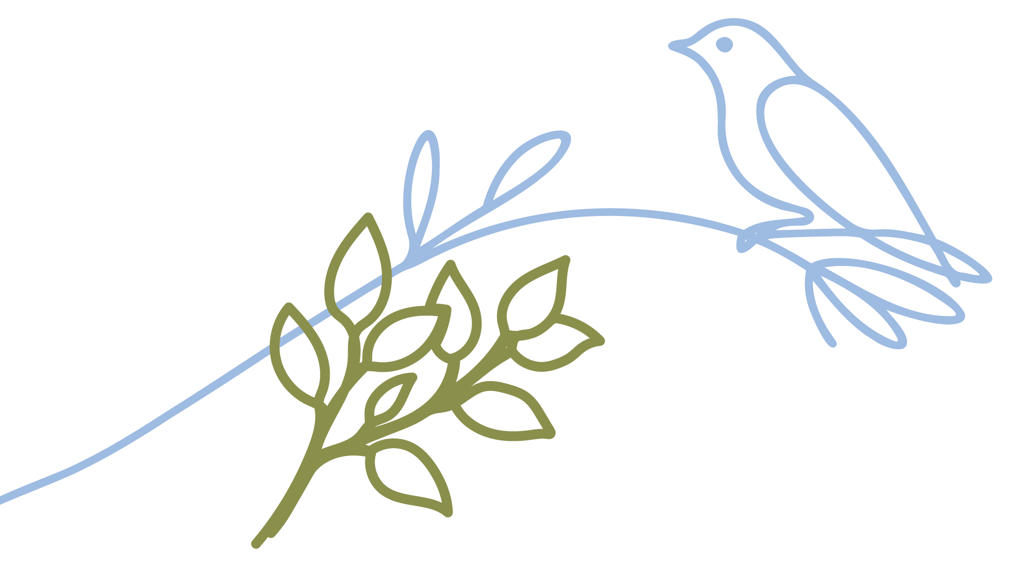 Line drawing of a bird sitting on a branch with leaves, in blue and green outline on black background.