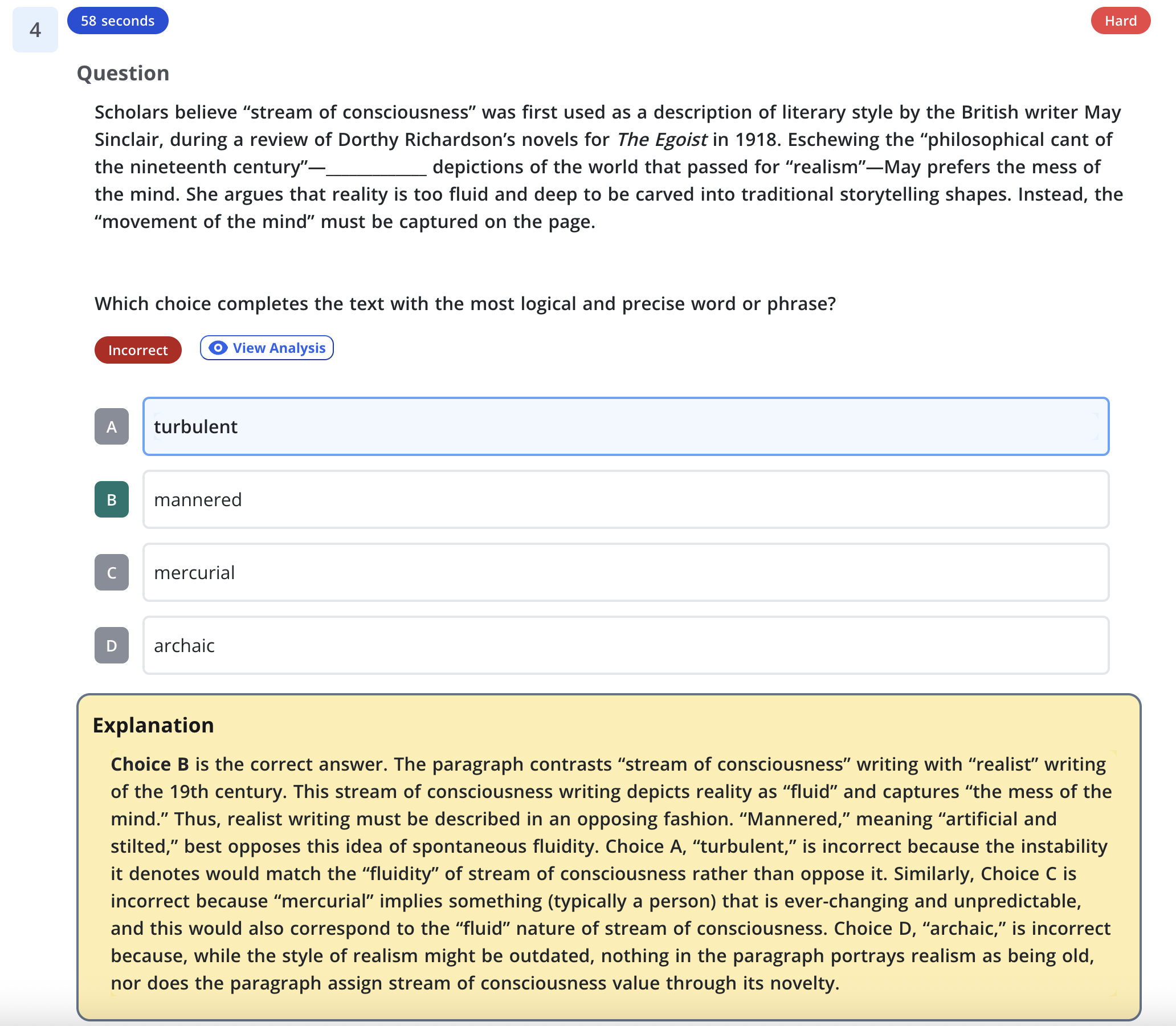 A screenshot of a multiple-choice question about literary styles, with options labeled A to D and an explanation panel at the bottom.