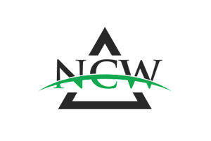 Logo with the text 'ACW' above a green curved line and a triangular shape.