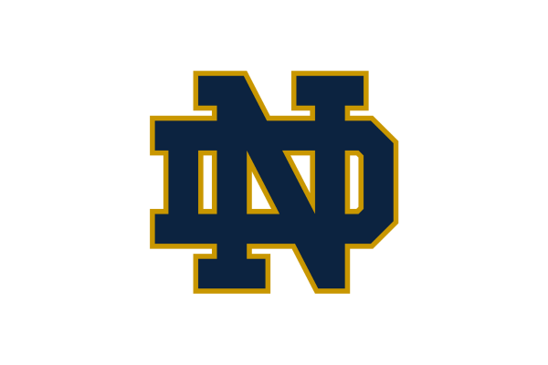 Notre Dame blue and gold monogram logo with "ND" letters on a white background.