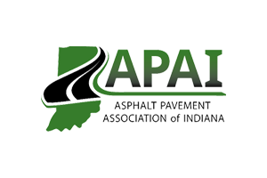 Logo of the Asphalt Pavement Association of Indiana with a stylized road and green map of Indiana.
