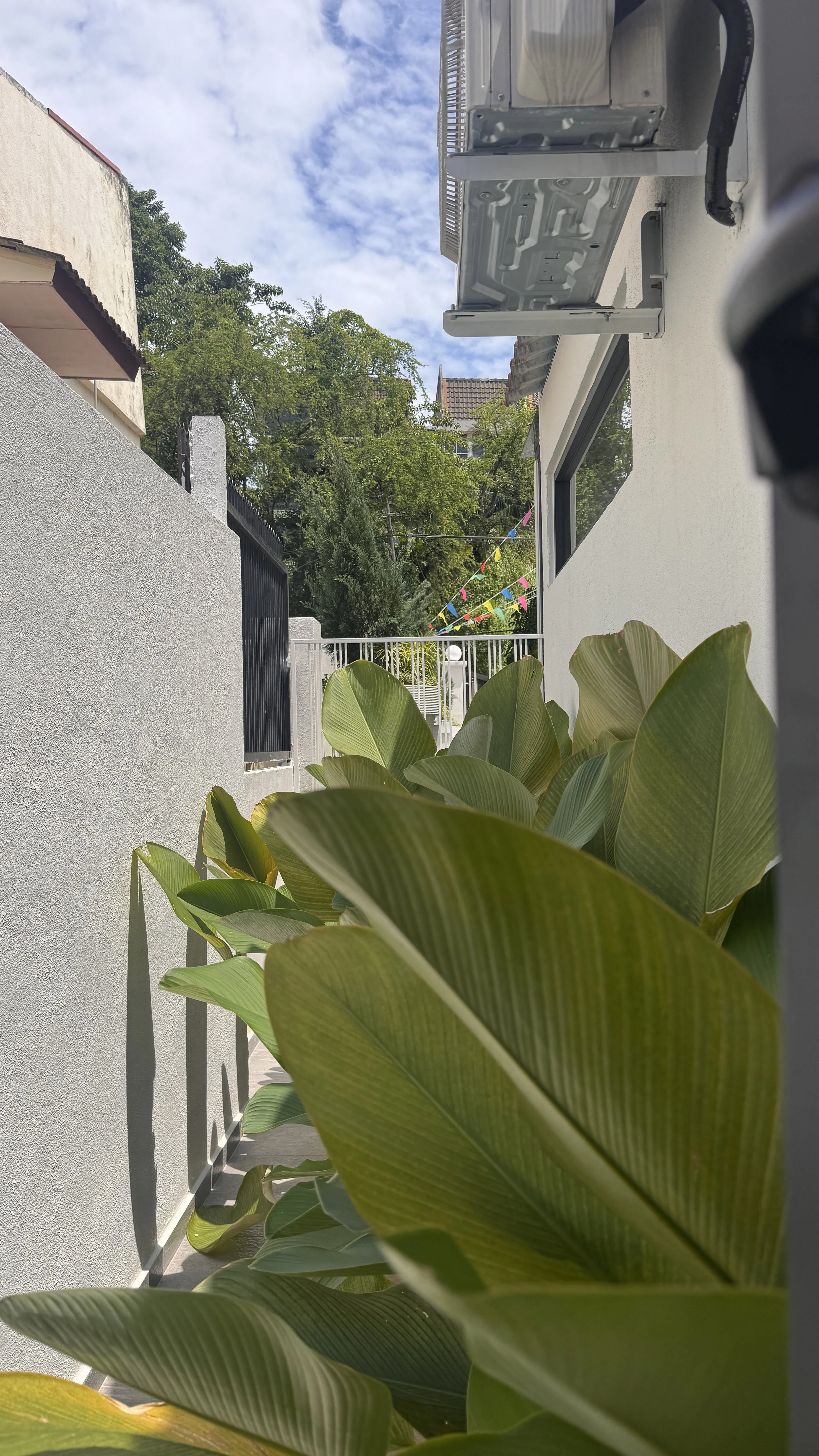 Narrow outdoor passageway with green leafy plants on one side, white walls, and an air conditioning unit attached to the wall. A gate with colorful flags is visible in the background under a partly cloudy sky.