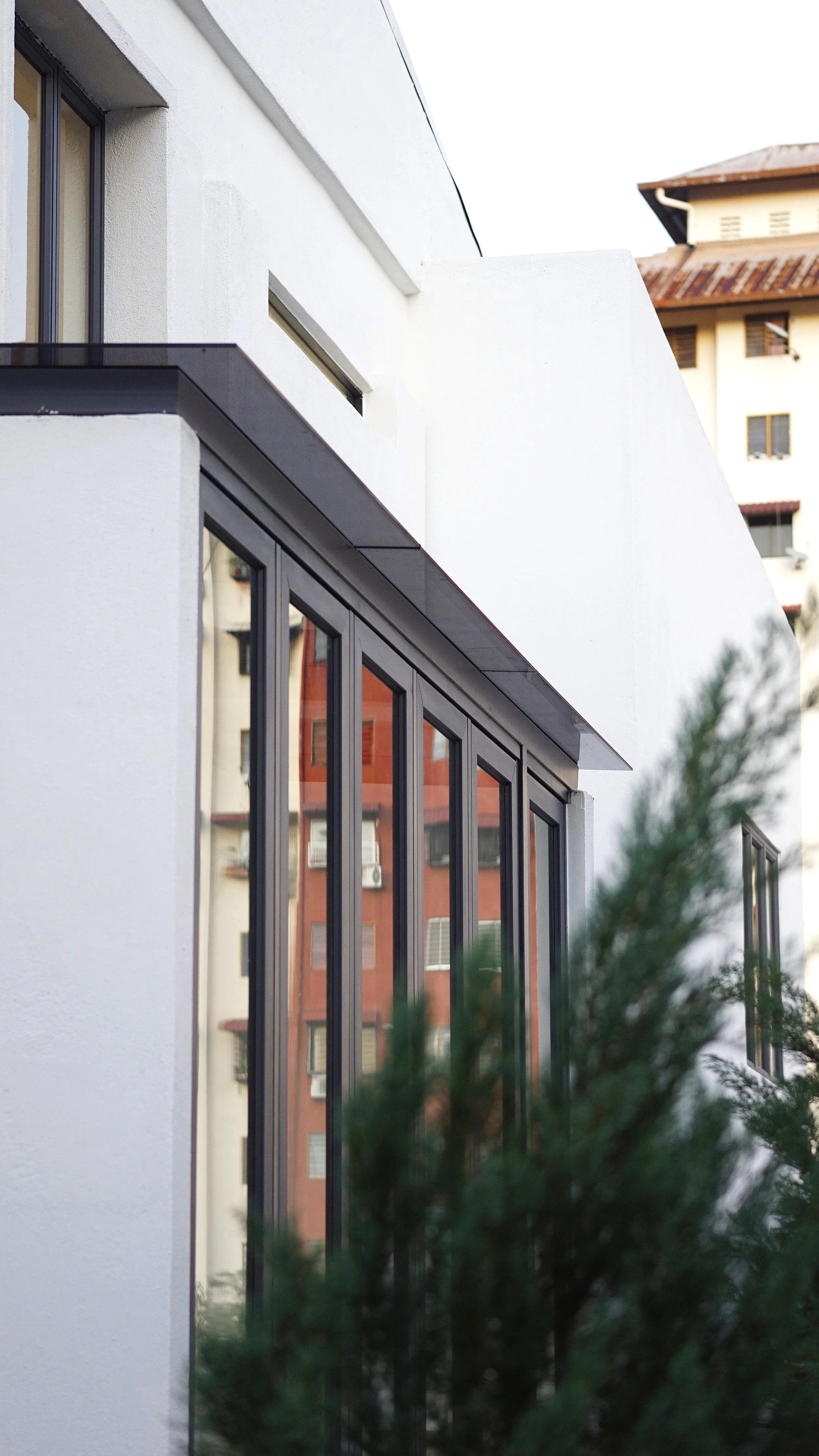 Modern building with large windows and white walls with a tree in the foreground
