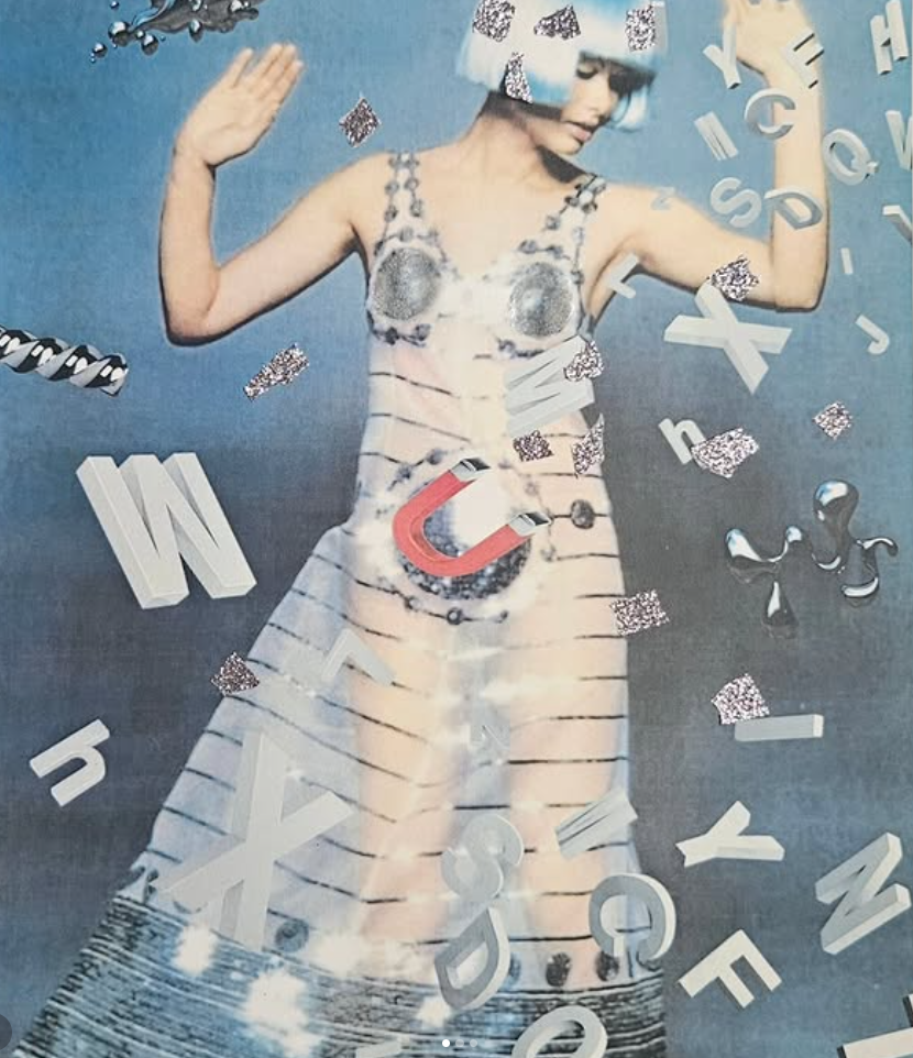 Analog and digital collage representing a woman wearing a striped dress and a paper hat immersed in falling alphabet and glitter decorations, with a blue background.