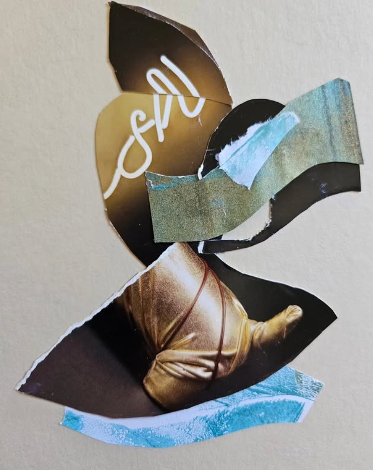 Collage of torn magazine and paper pieces assembled to form an abstract female face with a butterfly. The face shows an eye with white lines, a nose, and a closed mouth with lips. The collage uses various colors and textures, including black, gold, b