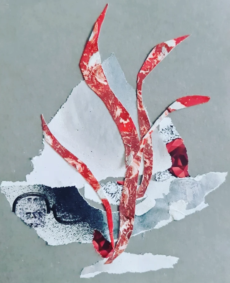 Mixed torn paper collage featuring red, black, and white colors, resembling a stylized flower or abstract design.