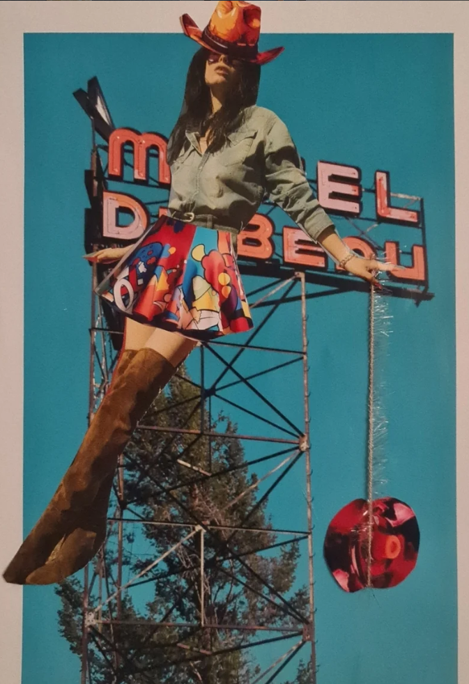 A woman in a cowboy hat, a colorful skirt, and tall boots posing in front of a neon sign that reads 'MEL ROSE.' She is leaning on a metal structure, with a background of clear blue sky and trees.