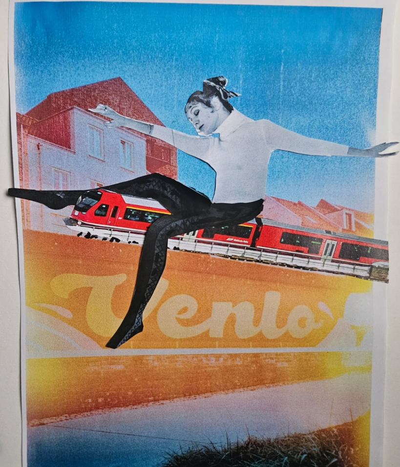 Papercut collage featuring a woman in a white top and black pants balancing on a toy train, with a background of a house, train, and a sunset with the word "Ulen" visible.