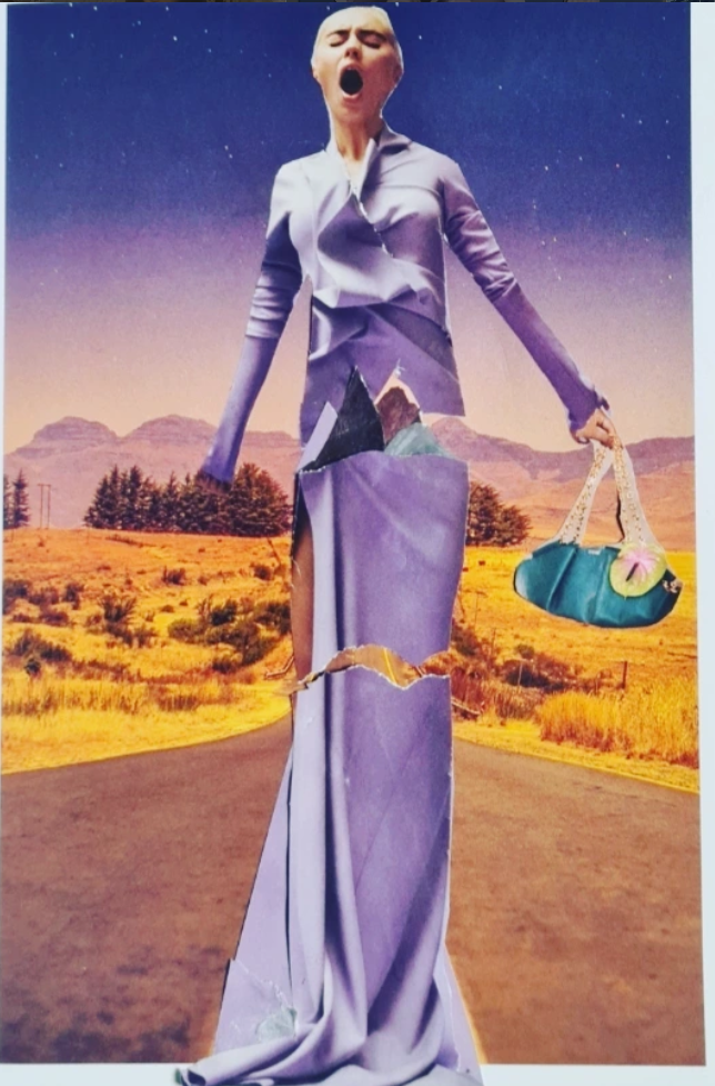 A collage of a woman dressed in a purple suit with a torn section revealing mountains inside, standing on a road in a yellow field with mountains and trees in the background, holding a small green bag with a pink object inside. The woman's face appears to be a mask or superimposed.