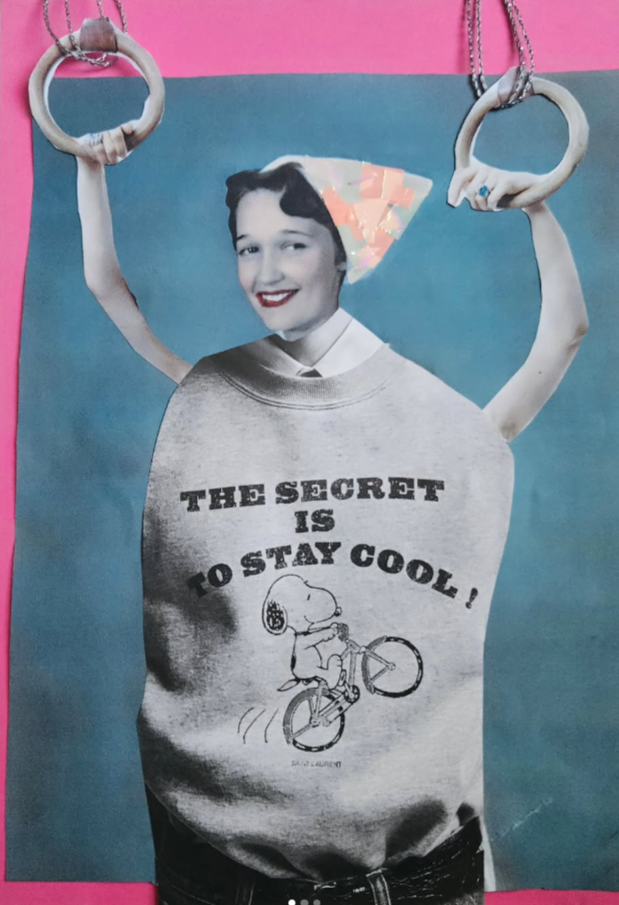 A collage featuring a woman with a vintage hairstyle and lipstick, holding onto gymnastic rings. The collage includes a black-and-white image of a woman with a Snoopy illustration on her sweatshirt that reads, 'The secret is to stay cool,' with Snoopy riding a bicycle. The background is pink and blue.