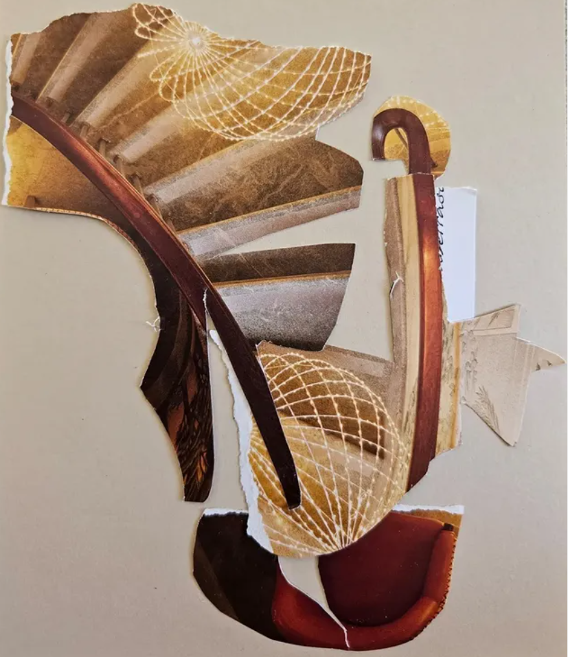 A collage of torn magazine or paper pieces depicting parts of a staircase, a handrail, and a lamp with warm lighting, arranged against a plain background.