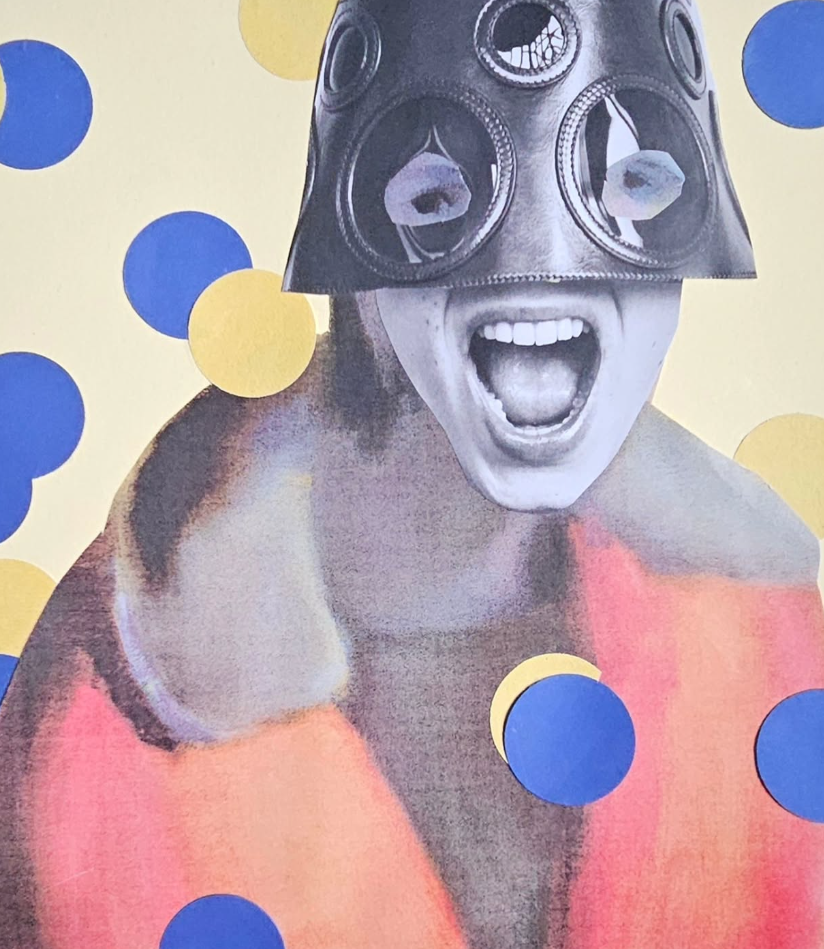 Handmade collage portrait of a person with their mouth open, wearing a helmet made from a loudspeaker, surrounded by yellow and blue party confetti on a yellow background.