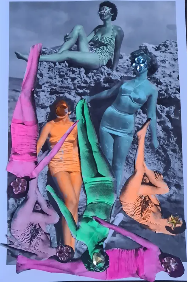 Collage of five women in vintage swimsuits with over-exaggerated limbs and floral accessories, set against a rocky beach background, with a mix of black-and-white and colored elements.