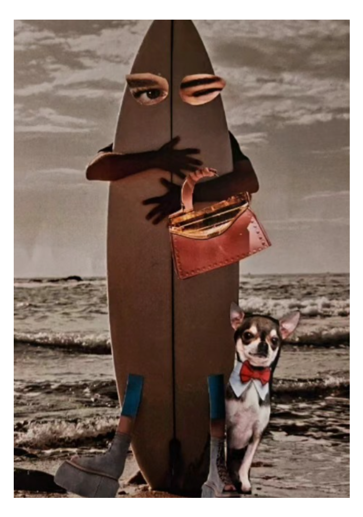 Person wearing a large surfboard costume with human eyes, standing on a beach during sunset, hugging a person inside the costume, with a small dog dressed in a red bow tie and sweater standing beside them.