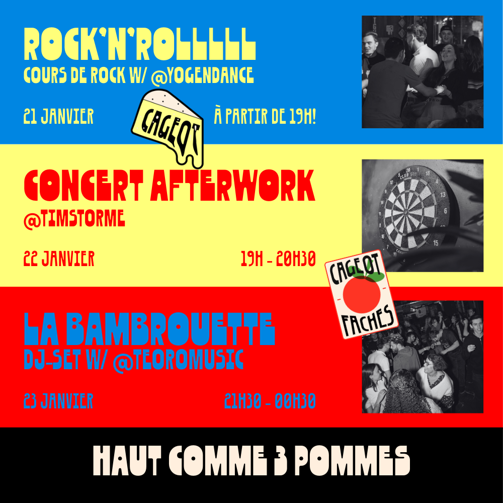 Affiche colorée pour un événement musical avec des détails sur trois concerts et deux photos en noir et blanc, l'une de personnes dansant ou en discussion, l'autre de fléchettes.