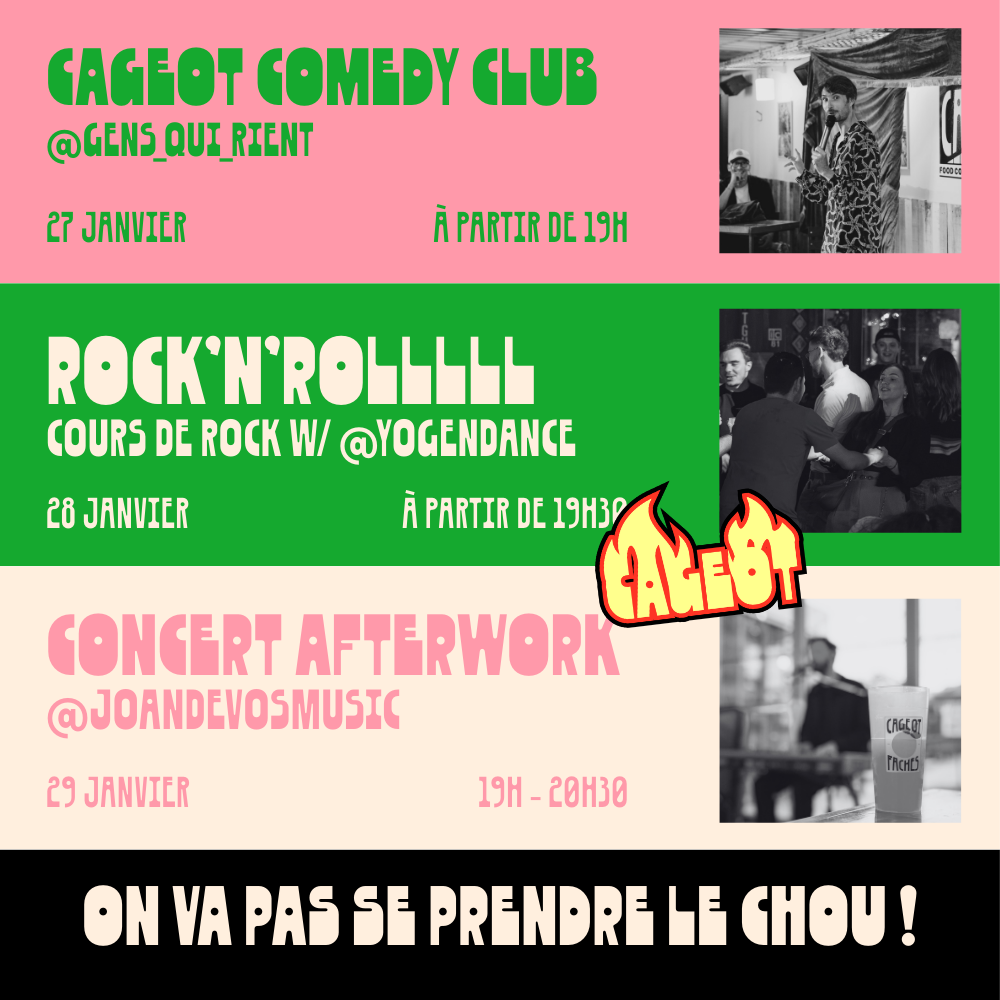 Une affiche promotionnelle pour des événements au Gagiet Comedy Club, incluant des soirées de stand-up, un cours de rock'n'roll, et un concert afterwork, avec des images en noir et blanc de performances en live.