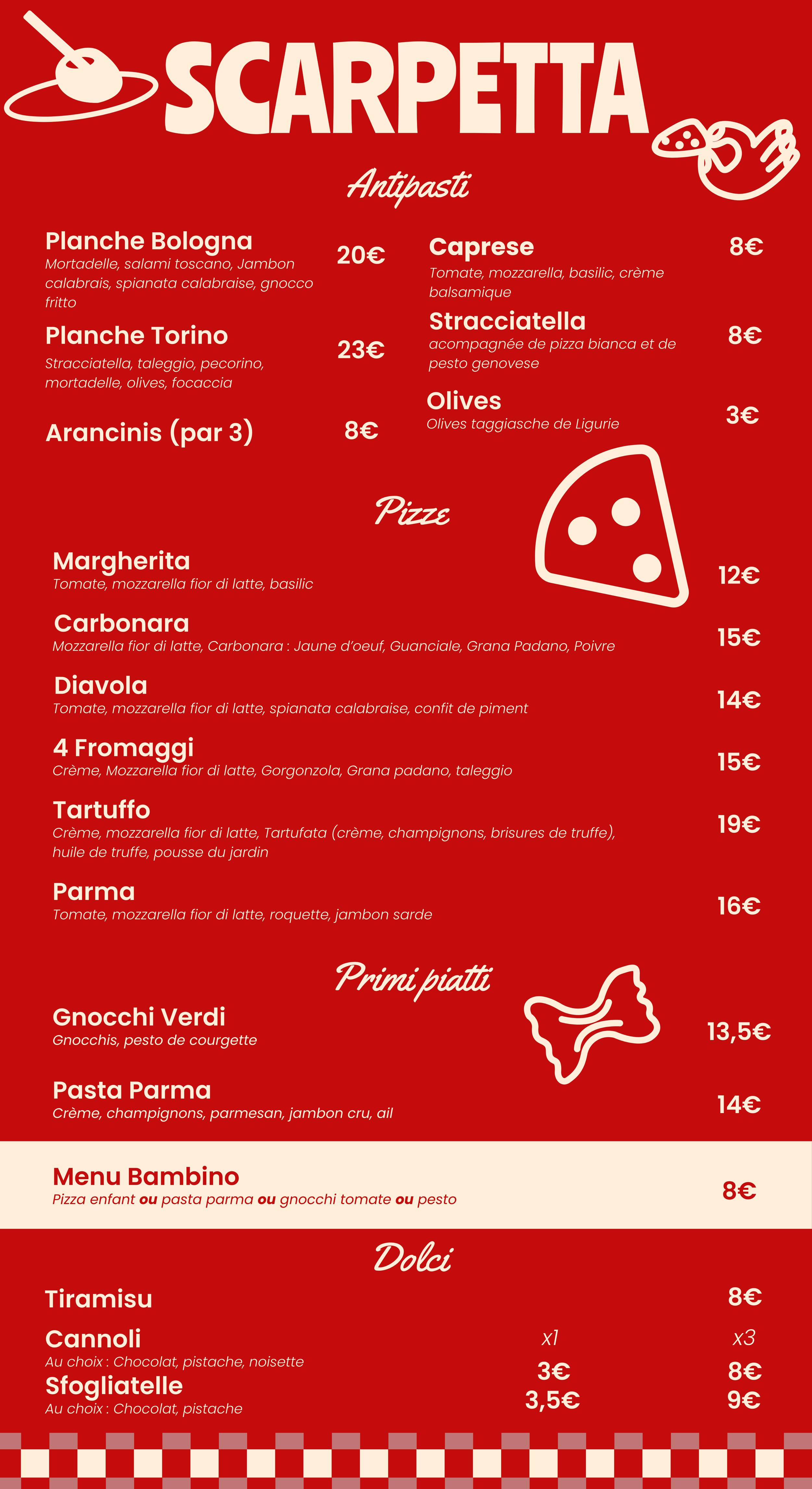 Le menu du restaurant italien Scarpetta situé à Cageot à Fâches-Thumesnil