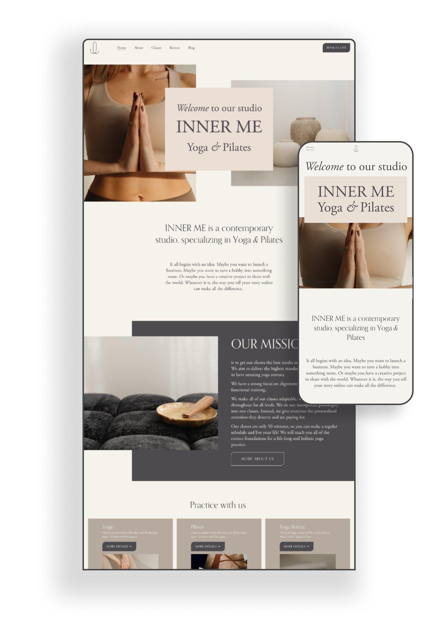 Mobile and desktop view of a website for INNER ME, a yoga and Pilates studio, featuring images of a person in a yoga pose and meditation materials, with text about the studio's services and classes.