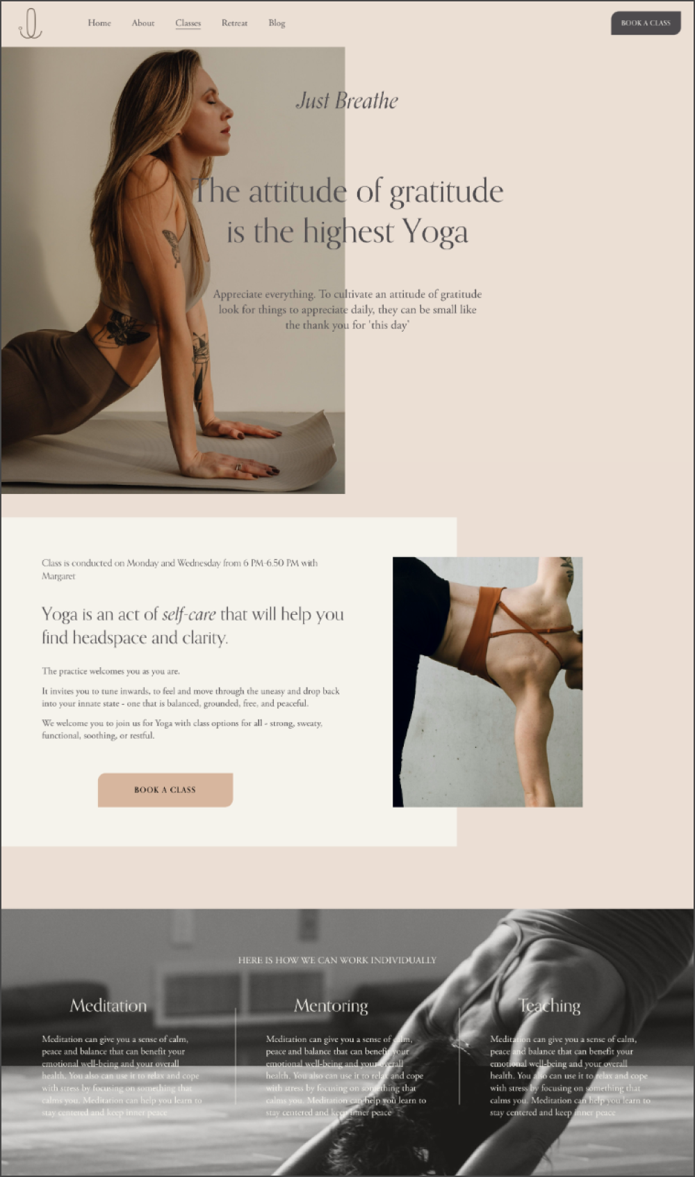 A yoga website homepage featuring a woman in a yoga pose, with text about gratitude and self-care, and images of yoga practices.