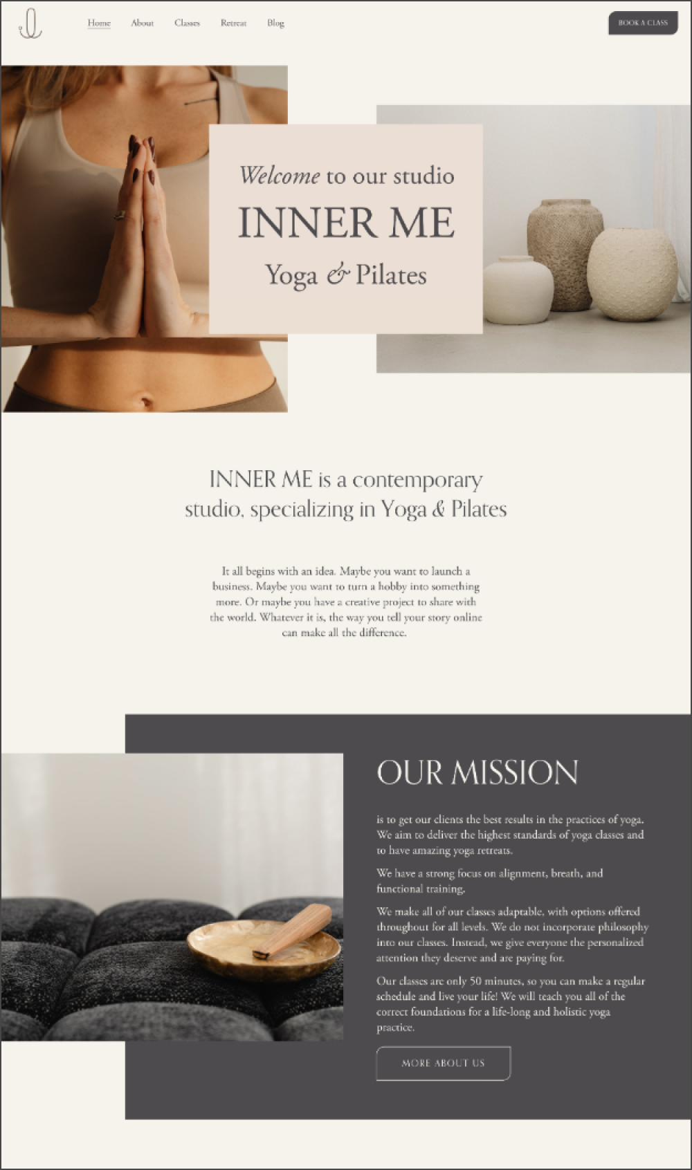 Website homepage for Inner Me studio, featuring a woman with hands in a prayer position, decorative vases, and a bowl of stones and a wooden tool, promoting yoga and Pilates classes.