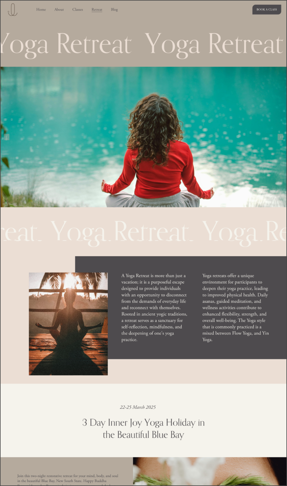 Website promoting a yoga retreat with a woman meditating by a lake, a silhouette of a person practicing yoga at sunset, and details about the retreat including dates and activities.