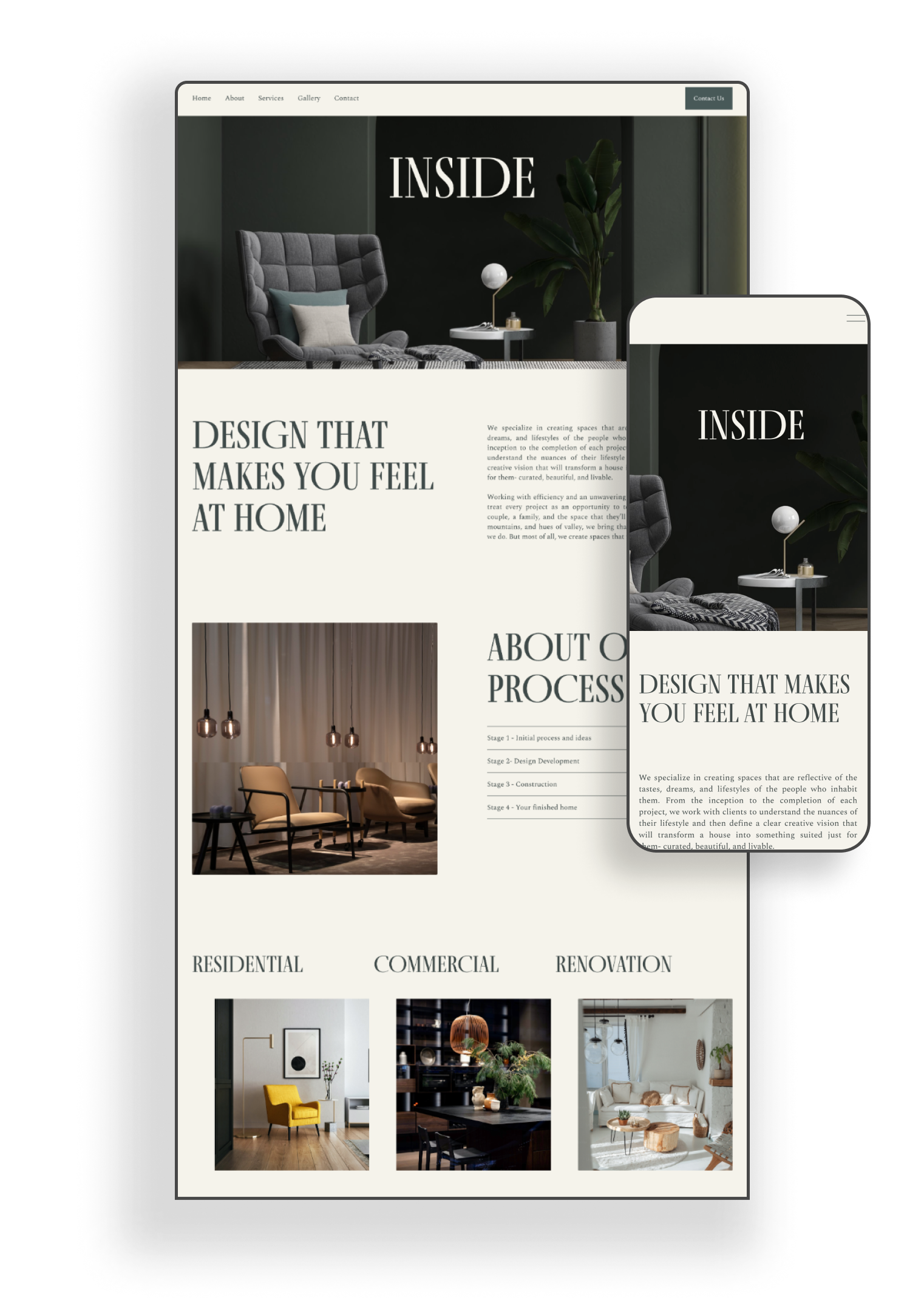 Website homepage for interior design company featuring a modern living room with a gray armchair, plant, and side table, with headline "Inside" and tagline "Design that makes you feel at home."