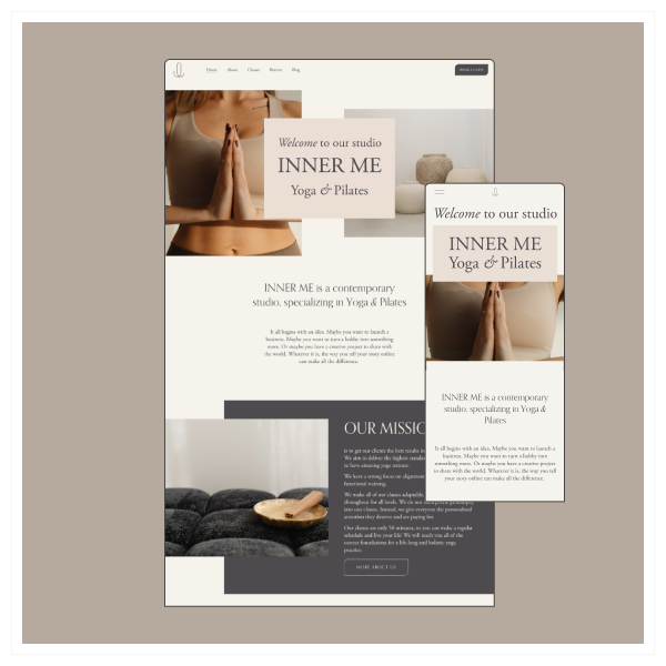 Website homepage for Inner Me Yoga & Pilates studio showing a person in a yoga pose with hands in prayer, and text about the studio's focus on yoga and Pilates.