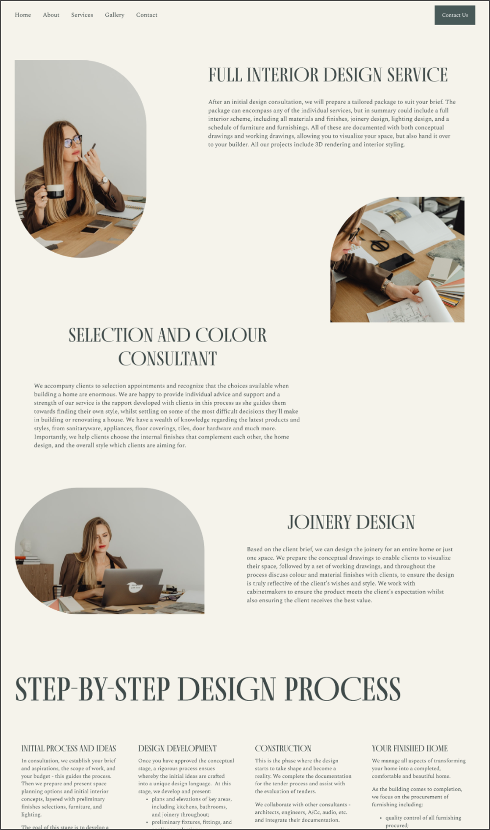 Interior design consulting website featuring images of women working on design projects, with sections about interior design services, selection and color consultations, joinery design, and step-by-step design process.