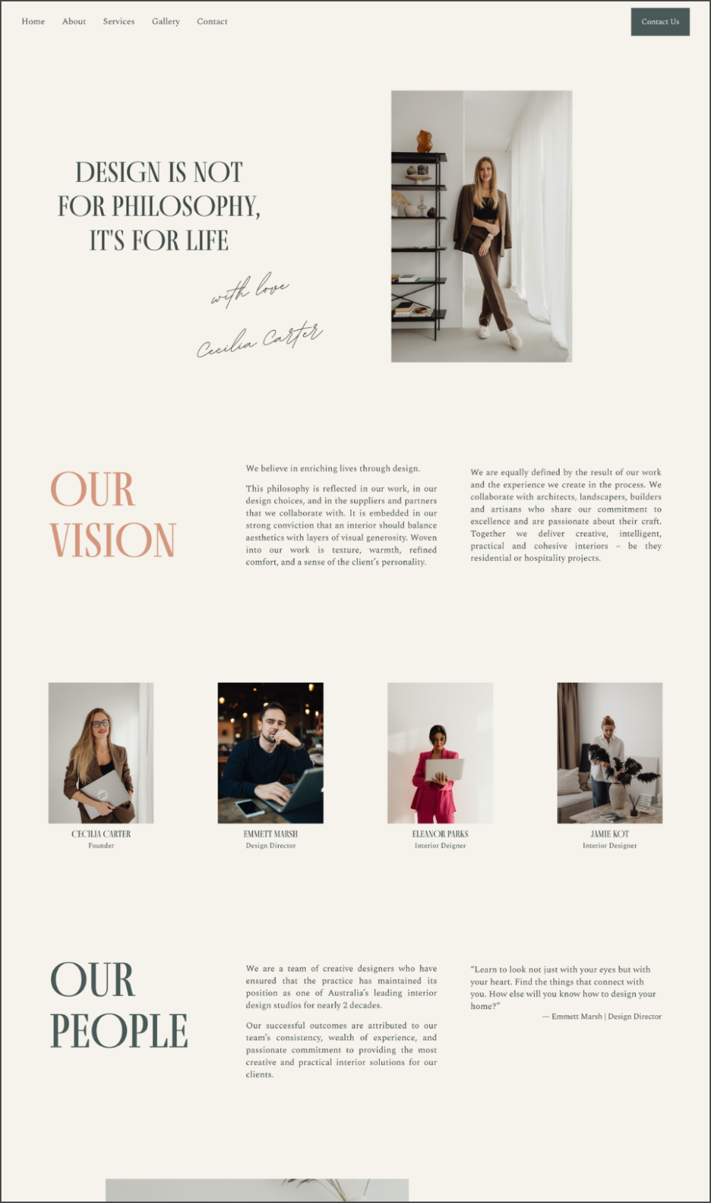 Homepage of interior design company's website featuring a woman standing near a bookshelf, a section with the quote "Design is not for philosophy, it's for life" with the name Cecilia Carter, team member photos with names and titles, and an overview of their philosophy and team.