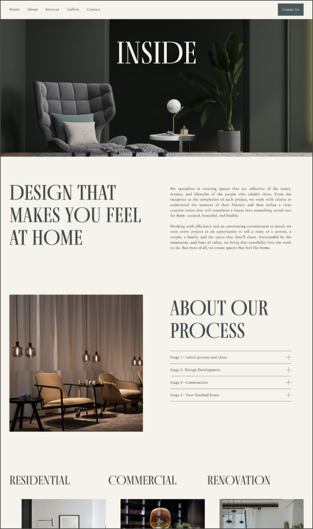 A website homepage for an interior design company featuring sections with images of modern interior spaces, including a gray lounge chair with pillows, a row of beige chairs with pendant lights, and categories for residential, commercial, and renovation projects.