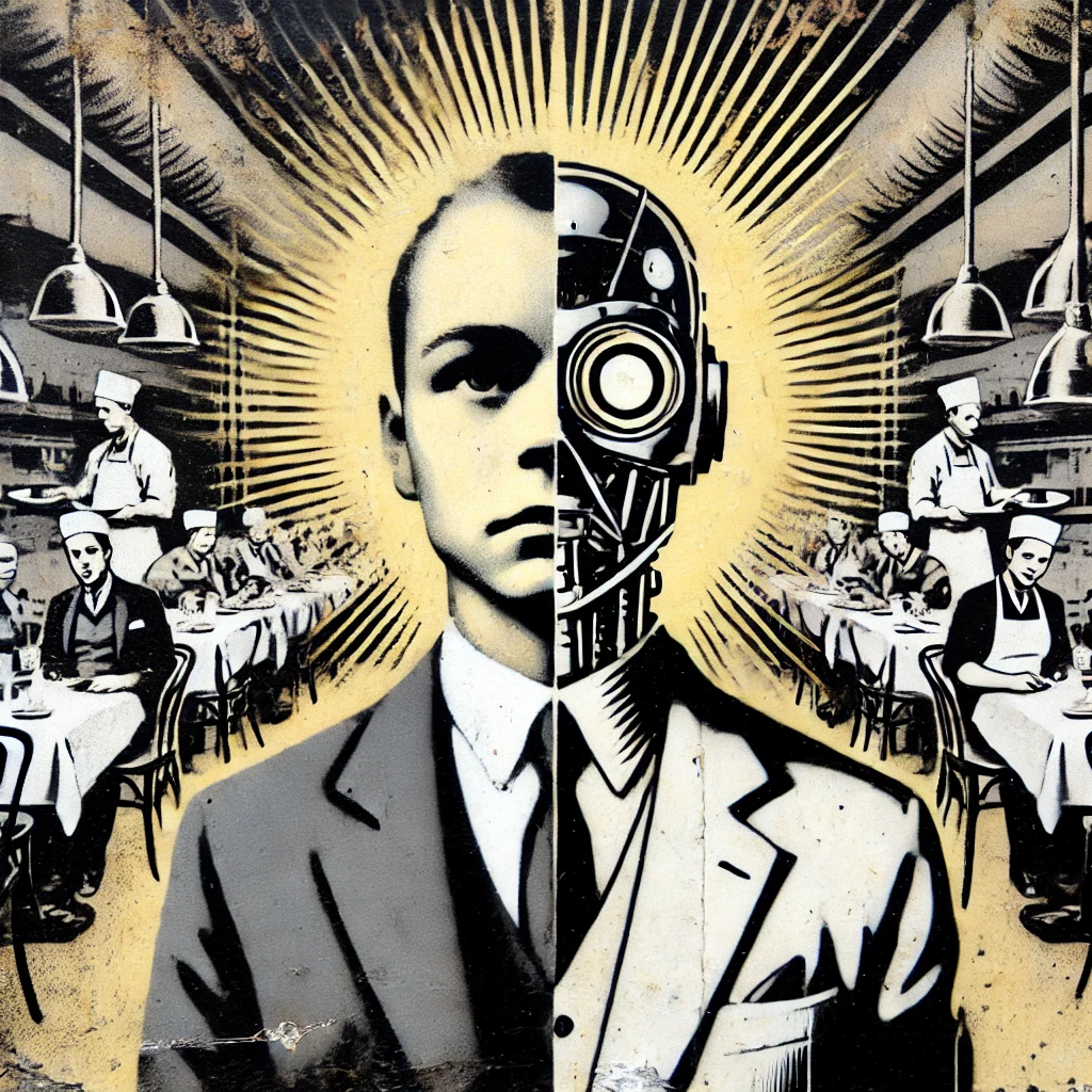 A humanoid robot in a suit with a glowing eye, standing in an office environment with people working in the background, illuminated by rays of light.