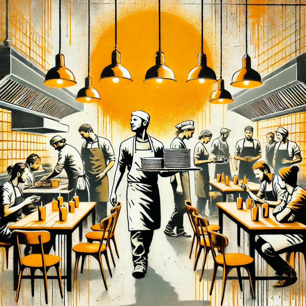 A busy restaurant with waitstaff serving dishes to seated customers, kitchen staff prepping in the background, and a bright, warm atmosphere.