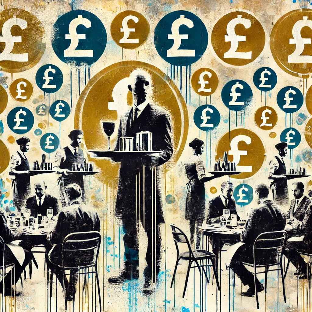 Illustration of a cafe scene with silhouettes of a man sitting at a table, a waitress walking by, a steaming cup of coffee, and overlapping icons of chairs, a British pound symbol, and conversation bubbles.