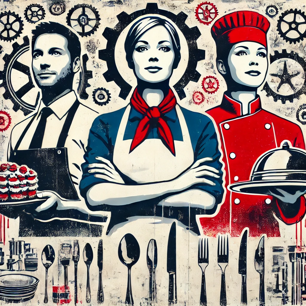 Vintage propaganda-style poster depicting three workers standing heroically in front of a cityscape, with the central figure holding a flag. Machinery and industrial elements are present at the bottom, symbolizing industry and progress.