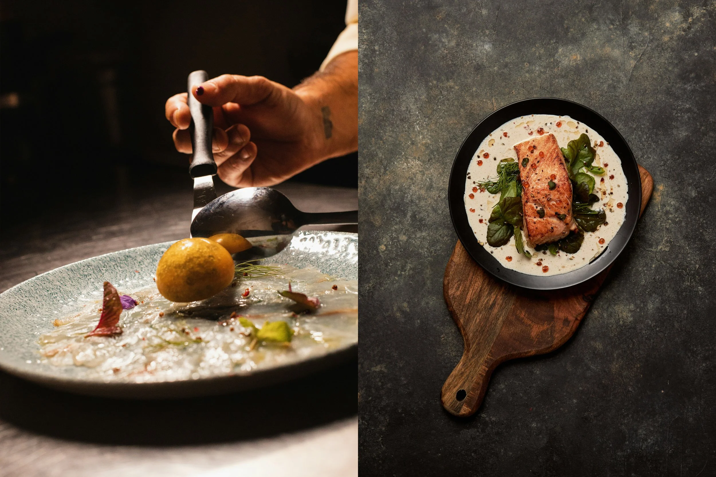 Left side: Person adding finishing touches to a dish with a spoon, lime and other garnishes on a textured ceramic plate. Right side: Salmon dish with greens and creamy sauce on a black plate, placed on a wooden board on a dark, textured surface.