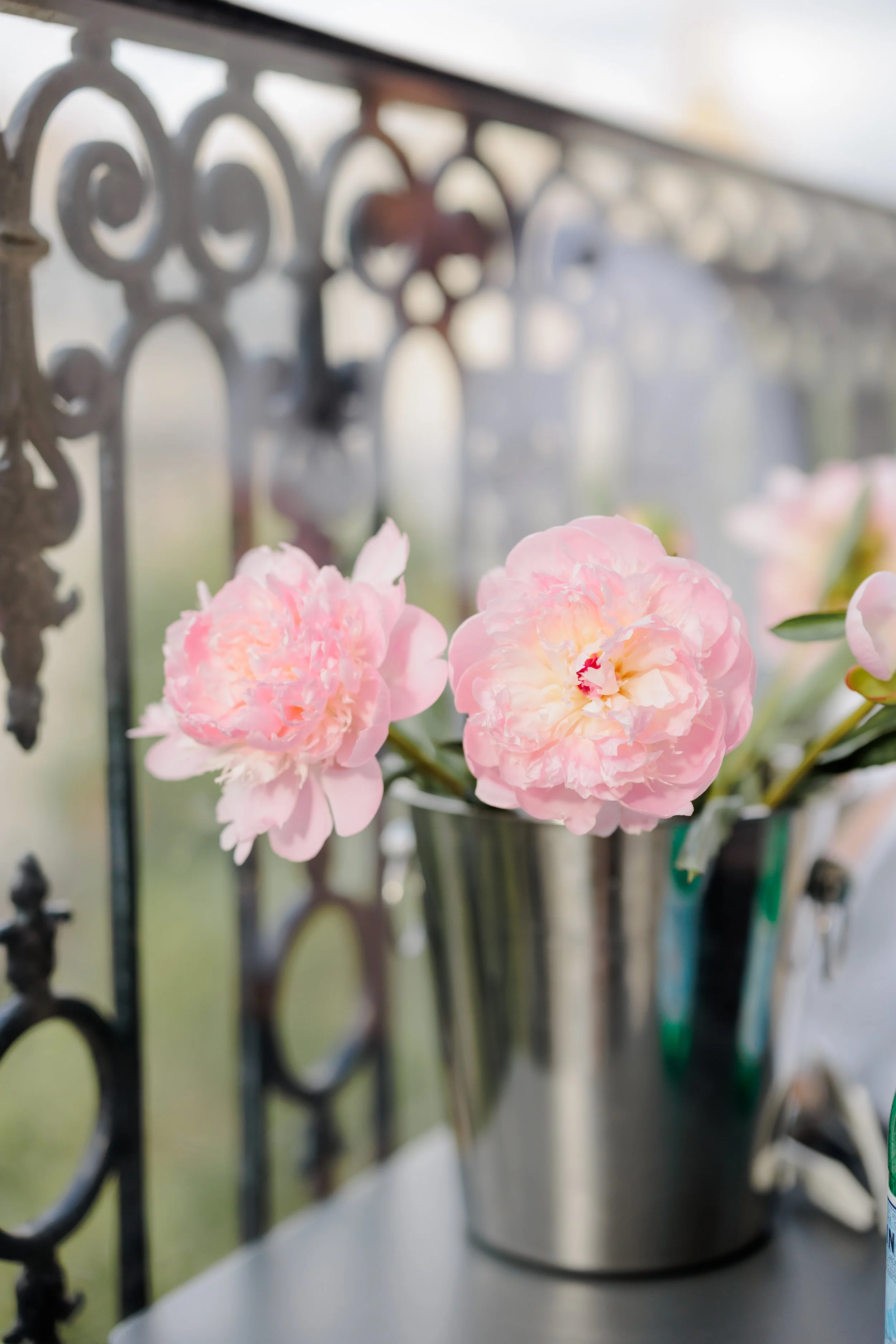 Terrace peonies overlooking the Eiffel Tower in central Paris.