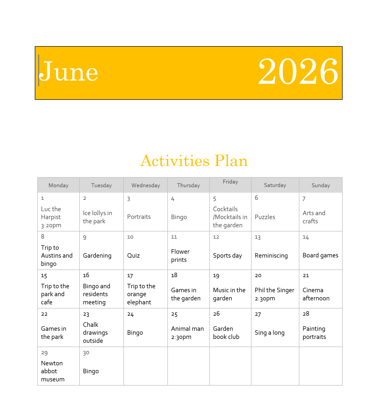 Somerforde Activites Plan June 2026