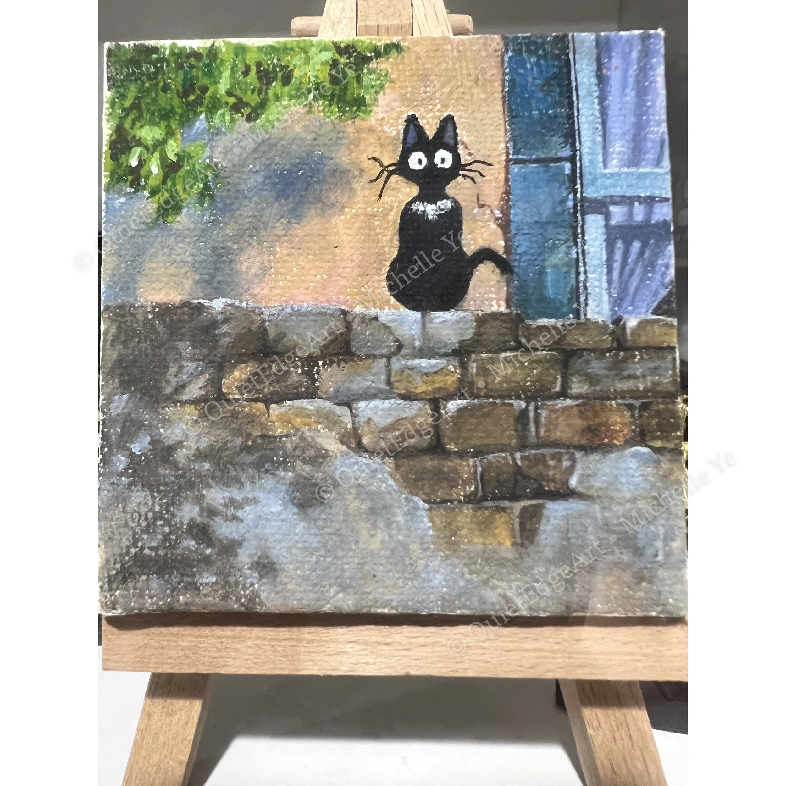 The White-Chested Watcher.
This was the first birthday gift I painted for my husband - a tribute to his cat Scratch - a black feline with a soft white chest. The scene draws from Kiki's Delivery Service (1989), with original characters and setting by