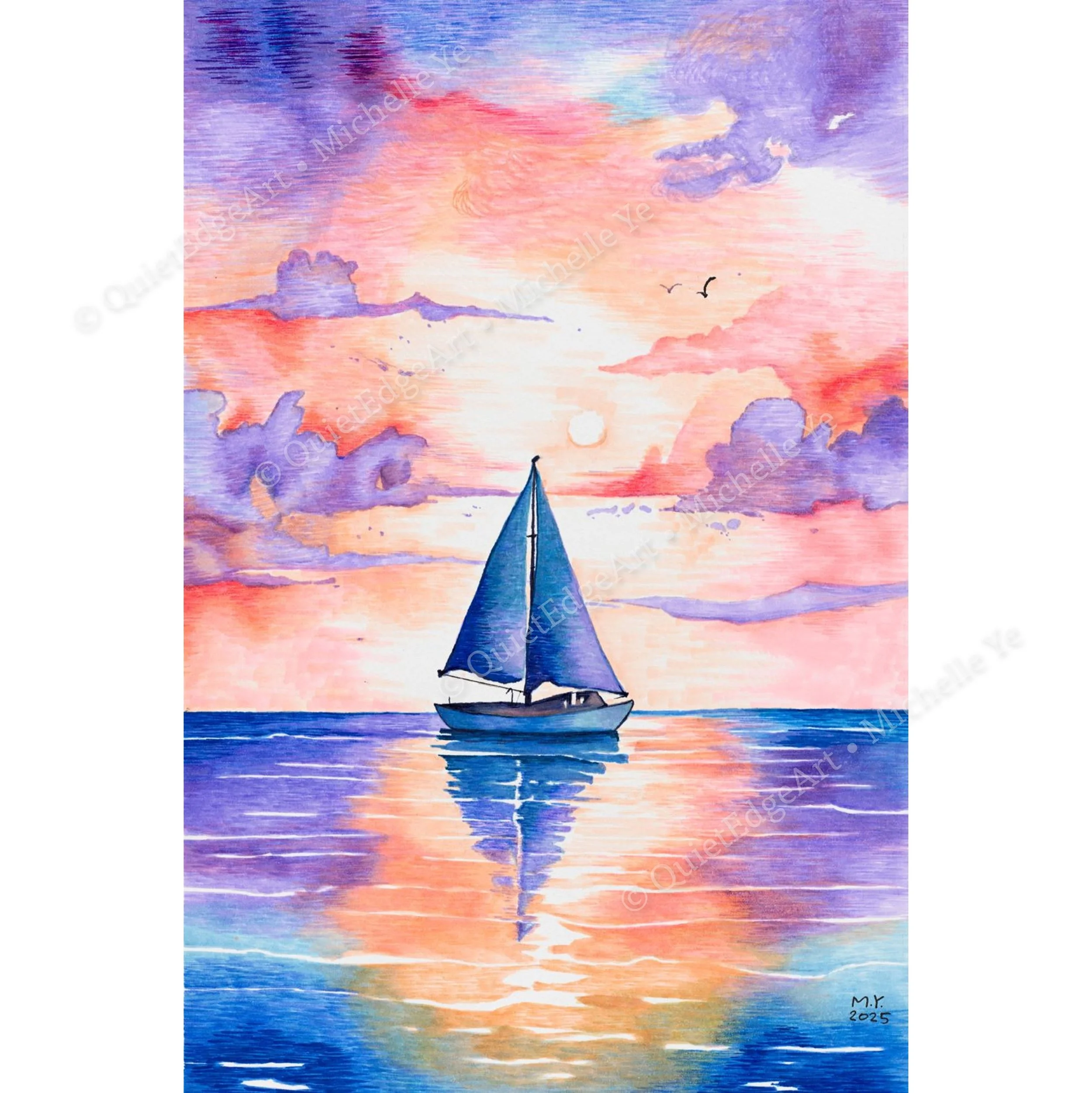 Sailing into the Light
- A quiet journey across still waters, chasing the last golden light of day. The sailboat drifts steadily toward a horizon filled with colour and promise.
Markers on paper – 8 × 12 in – 2025.
Based on an artwork found on Pinter