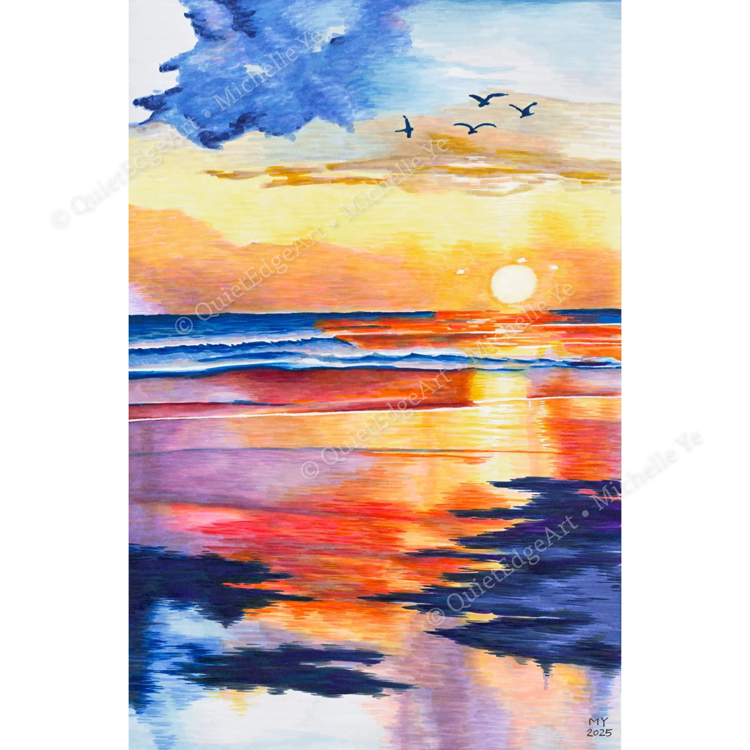 Reflections of a Golden Dawn
- Before the first light touches the horizon, the sea stirs quietly under a golden sky. A moment of stillness — the promise of a day yet to begin.
Markers on paper – 8 × 12 in – 2025.
Based on an artwork from Palak Studio