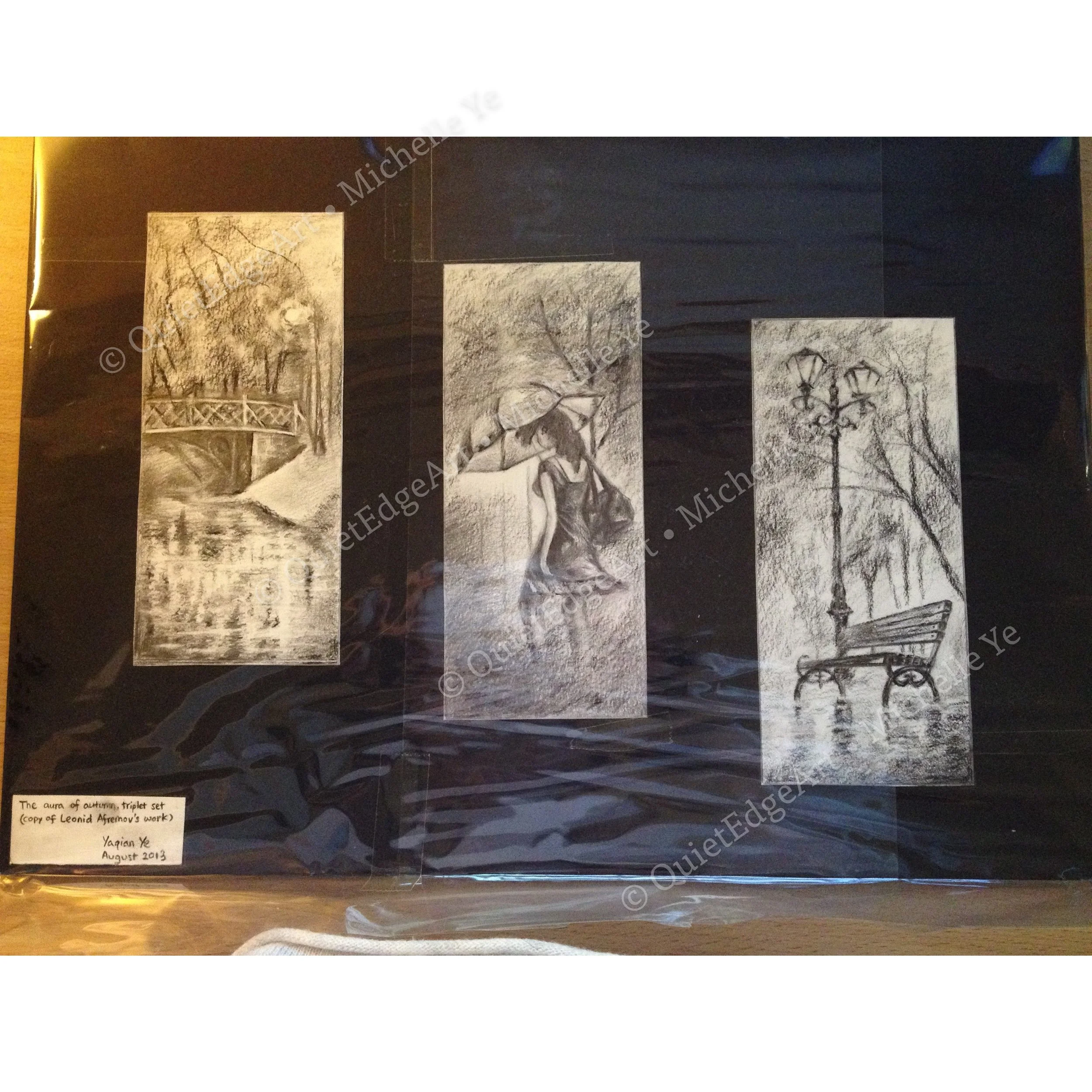 The Aura of Autumn, triplet set (copy of Leonid Afremov's work). Pencil and charcoal on paper, 2013.