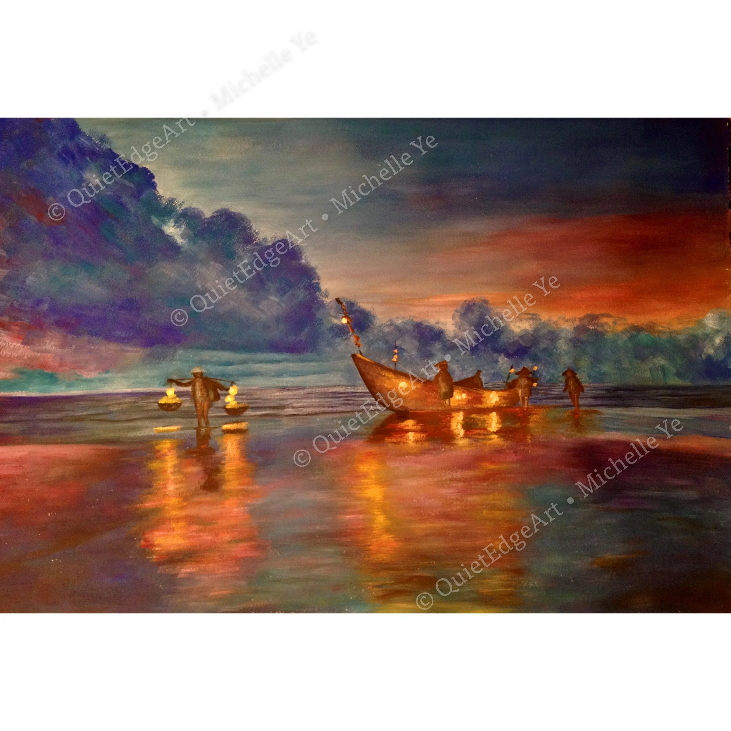 Lanterns at Dusk. Painted in 2014, this piece was inspired by a photograph by Frankie Chu (https://flickr.com/photos/frankie_chu/4830968197). Even after all these years, it reminds me of the quiet strength in everyday moments - the lantern light, the