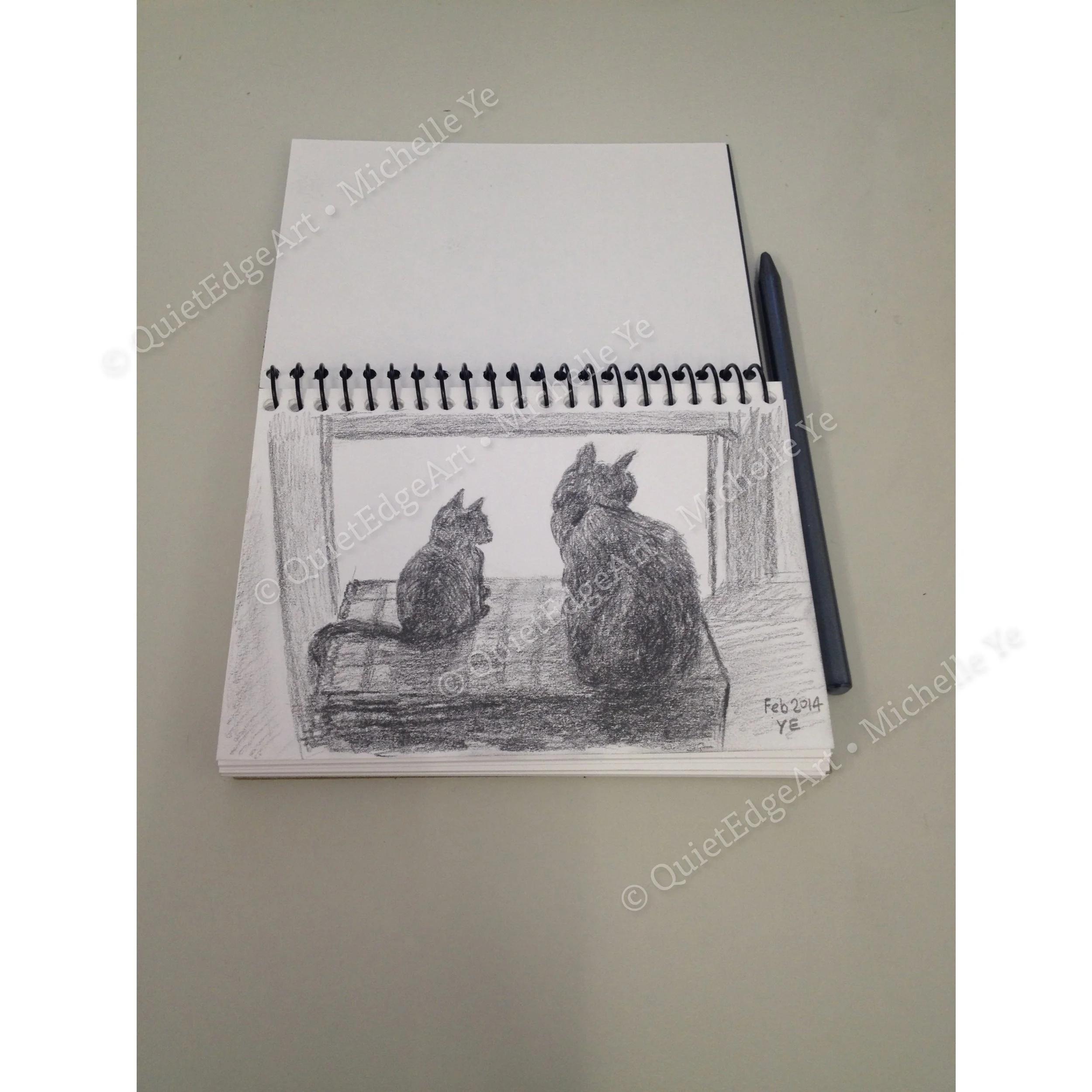 My Cats at the Cottage Window - Scratch and Tamina. Their favourite spot was this benchtop on the window of our farm house back in the time. I captured this moment with pencil in my sketch paper book - 2014.