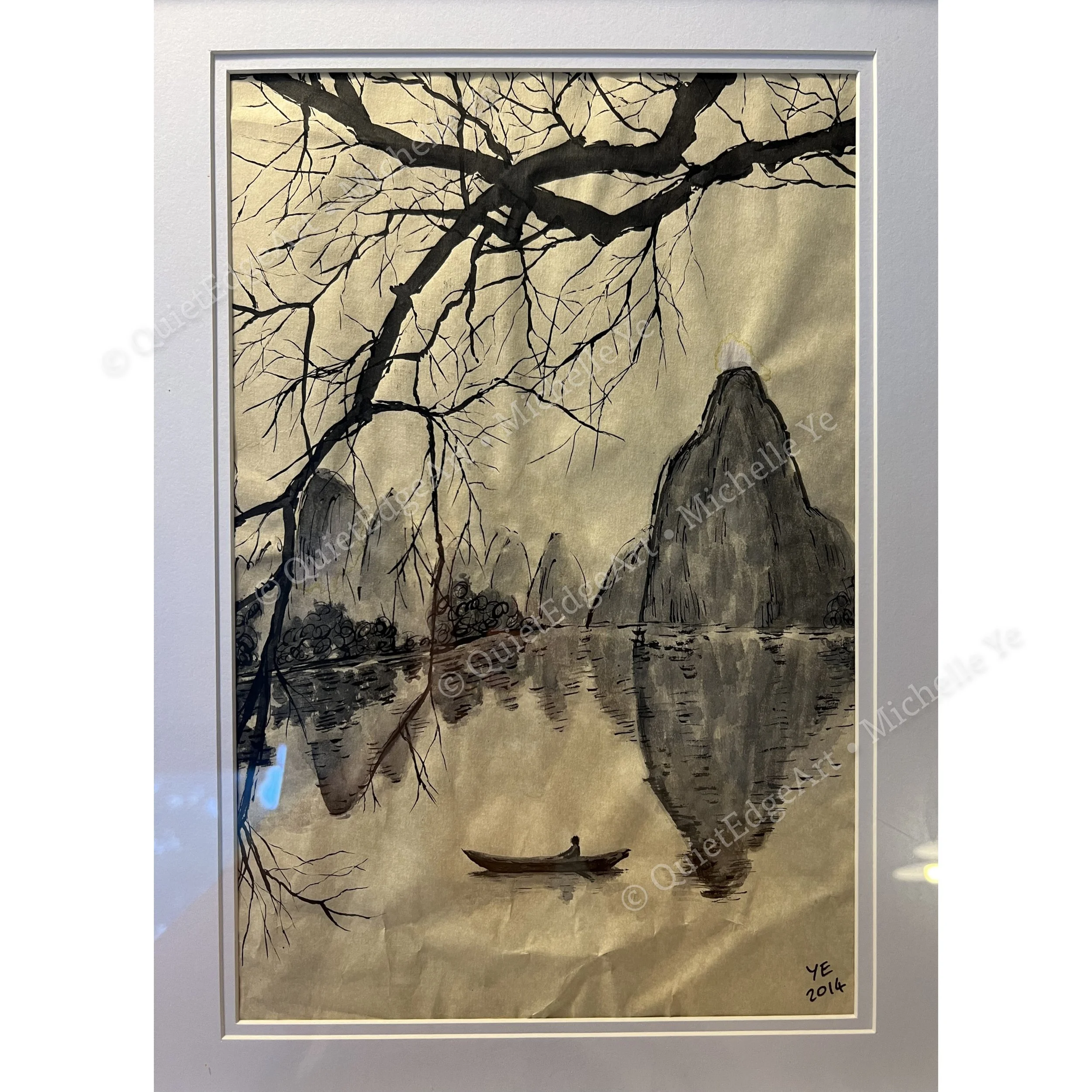 Among Mountains and Branches, Ink on paper 8.3 x11.7 in, 2014. Reference picture: 1984_River Reflections, Photo by Don Hong-Oai (Chinese, 1929-2004), 24.1 x 18.4 cm.