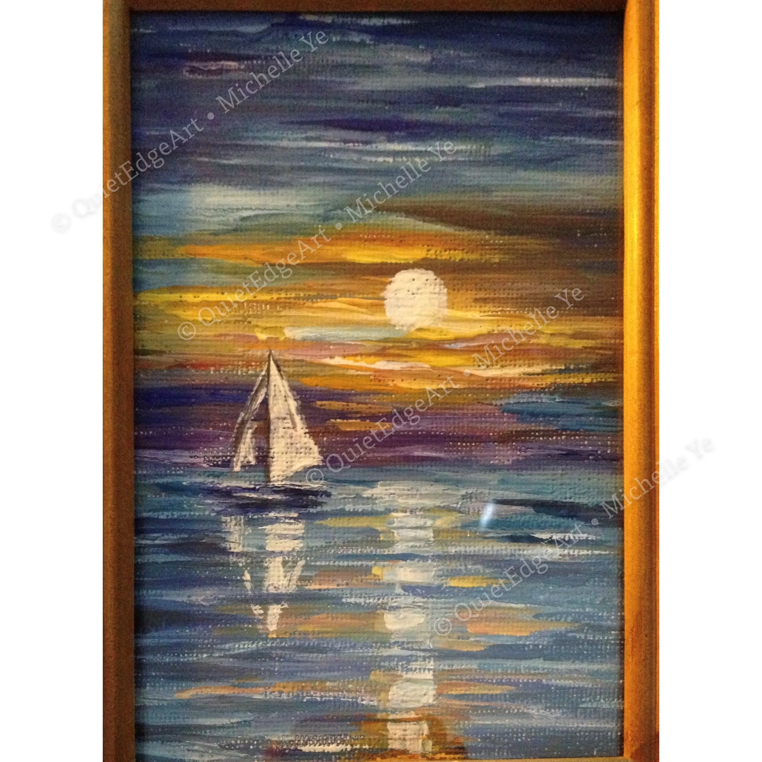 A Sail into Light.
Gouache on canvas - 4 x 6 in - 2013.
Painted a few years ago and given to my husband as a gift - it's been on his work desk ever since.
Inspired by the luminous seascapes of Leonid Afremov, this piece was a quiet gesture of affecti