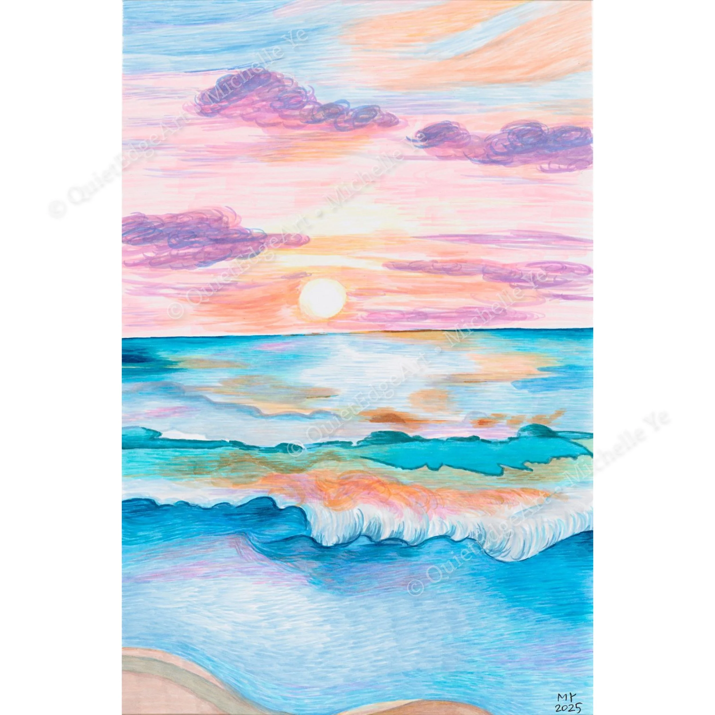 Whispers of the Morning Tide
- Before the world awakens, the sea speaks in soft tides and tender light.
Markers on paper – 8 × 12 in – 2025.
Based on an artwork by GiosStudioNYC (etsy.com/shop/GiosStudioNYC)