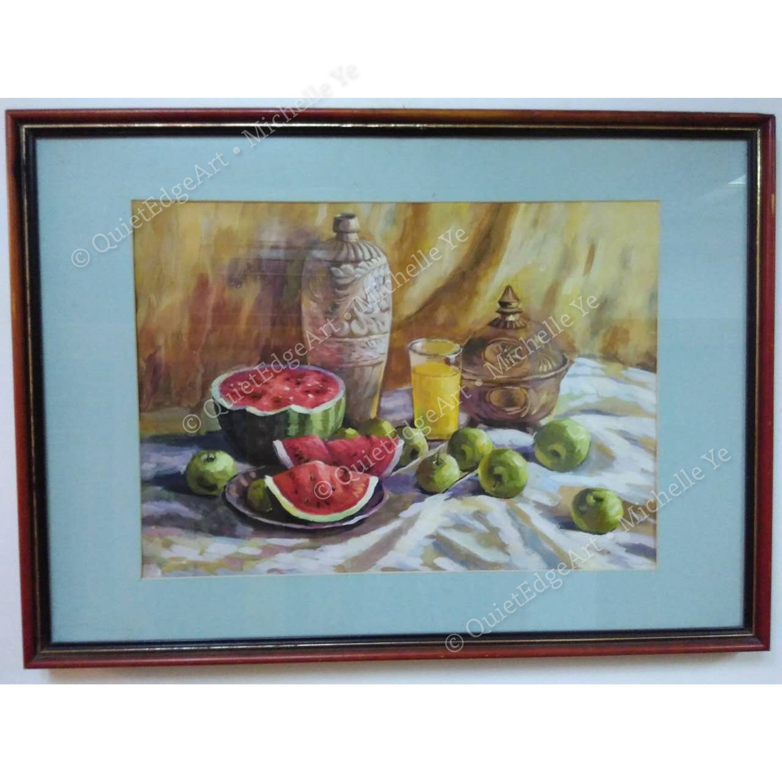Summer’s Bounty, Gouache on paper 51 x 37 cm, 2005. This is my second gouache painting. My teacher helped a bit with the watermelon colour - I was having a hard time making the watermelon look sweet.