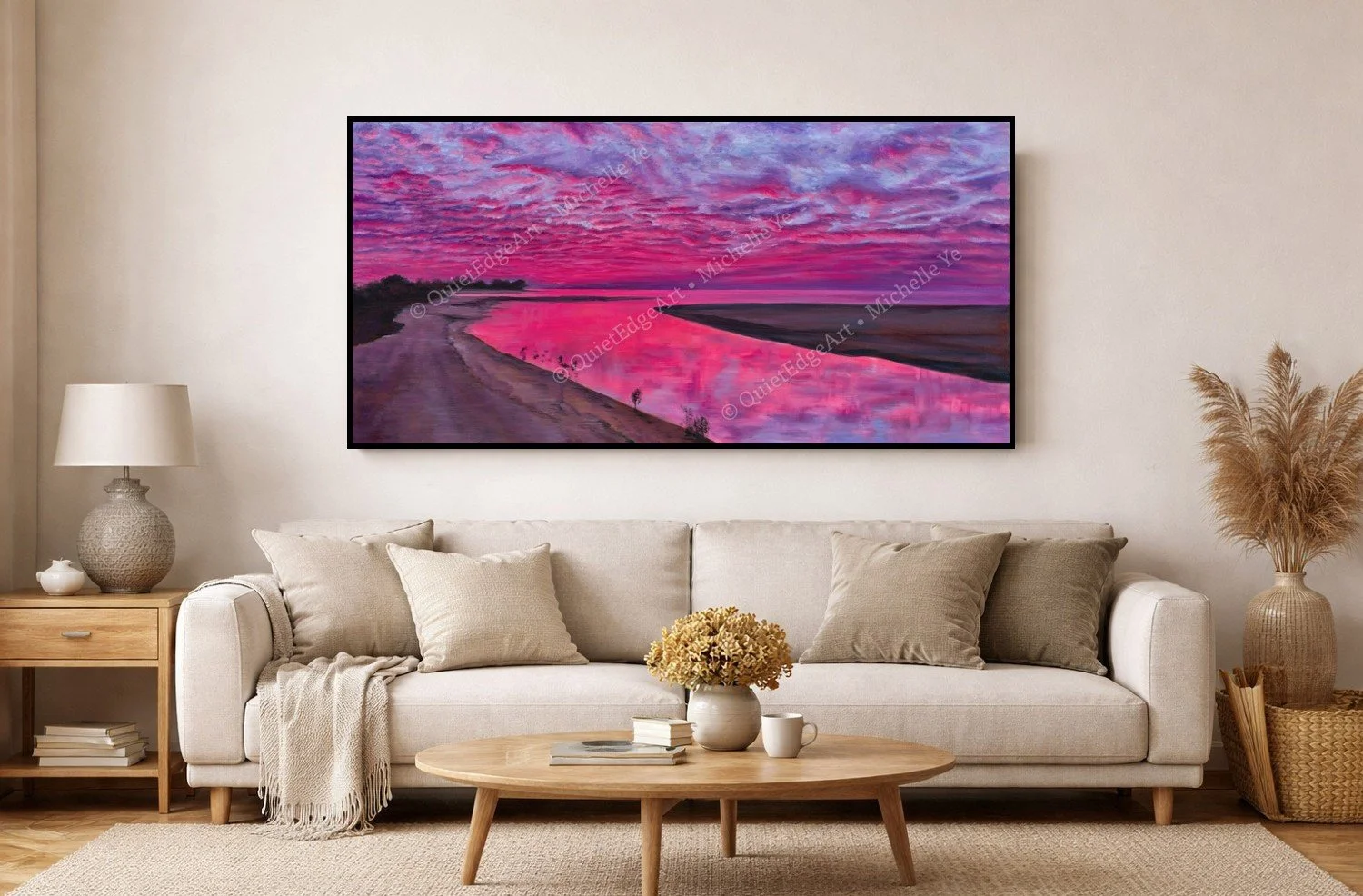 room mock-up image of the oil painting 'Pink Hour' hung on the wall